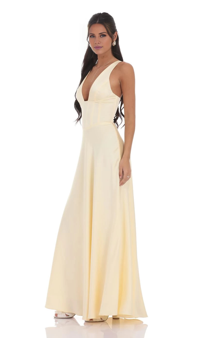 Satin Plunge Neck Corset Maxi Dress Prom Dresses
