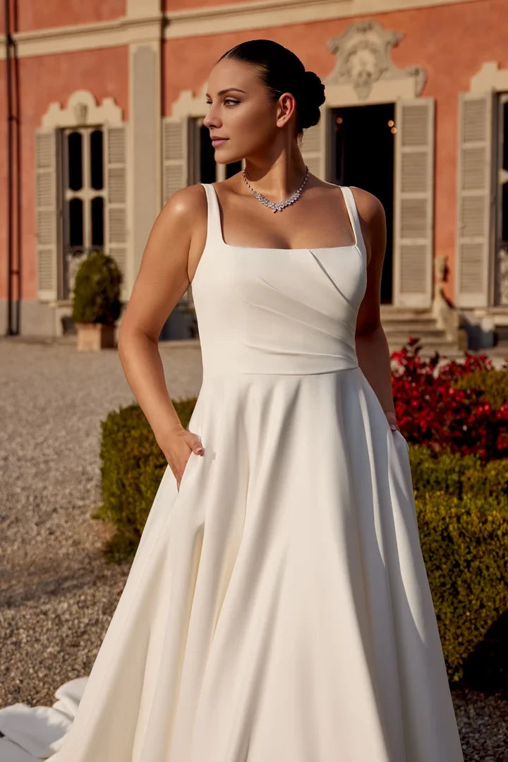 Satin Plus Size Ball Gown with Square Neckline and Asymmetric Bodice Wedding Dresses