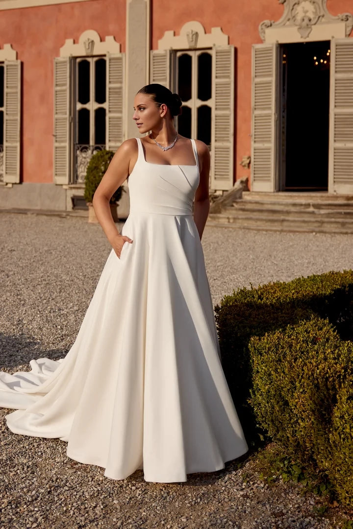 Satin Plus Size Ball Gown with Square Neckline and Asymmetric Bodice Wedding Dresses