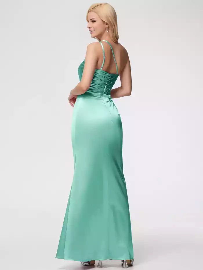 Satin Prom Dresses One Shoulder Trumpet Mermaid Sleeveless Pleats Long  Satin Prom Dresses