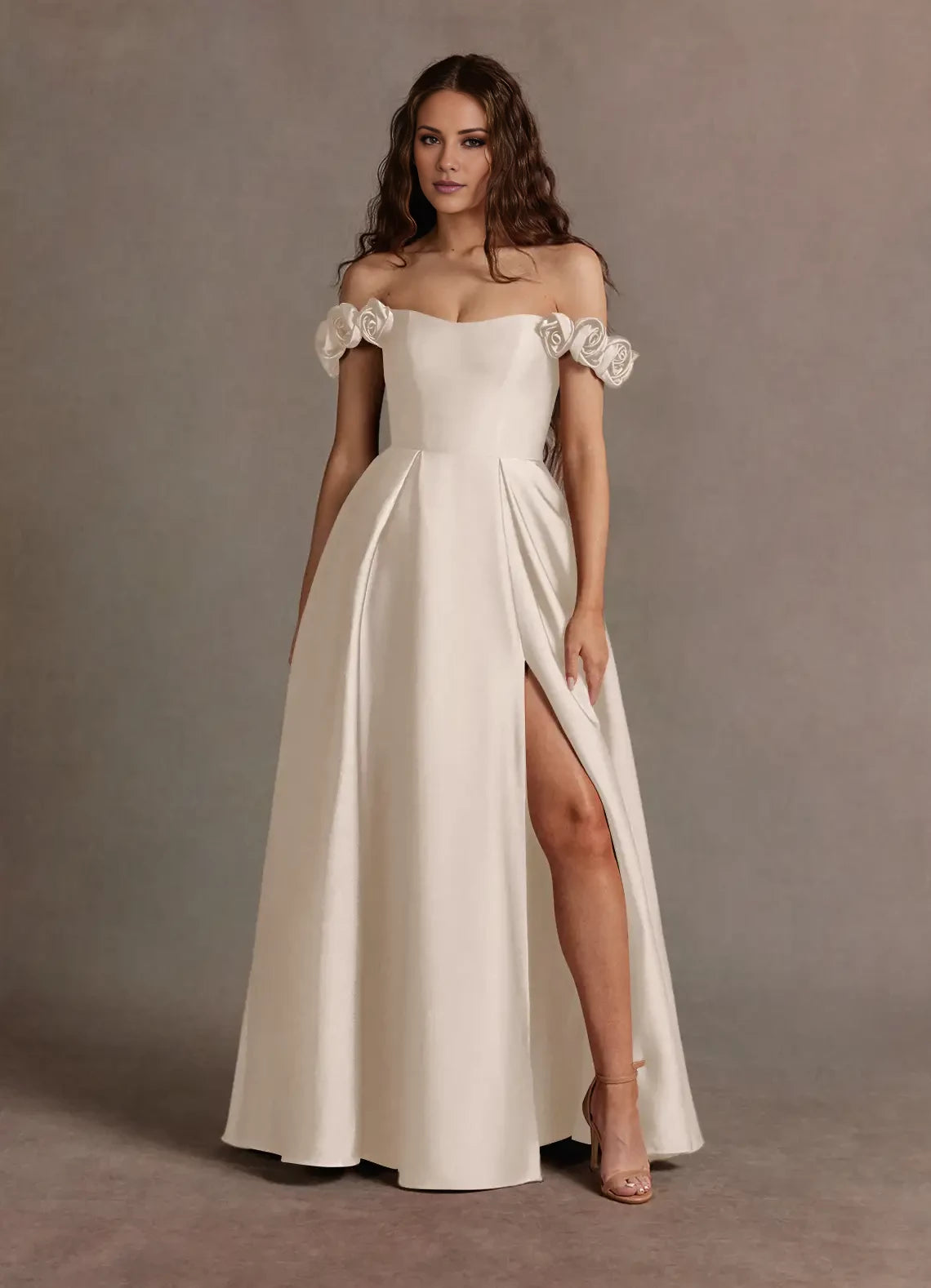 Satin Split Fork Rose Straps Gown Evening Dresses