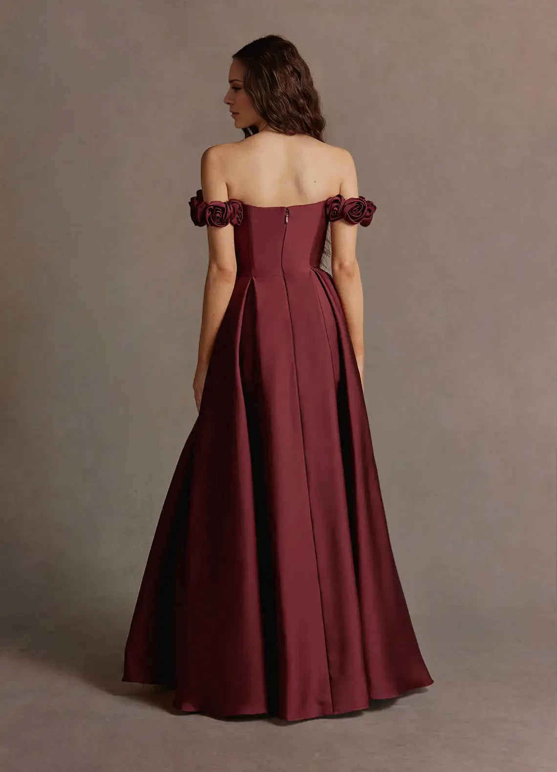 Satin Split Fork Rose Straps Gown Evening Dresses