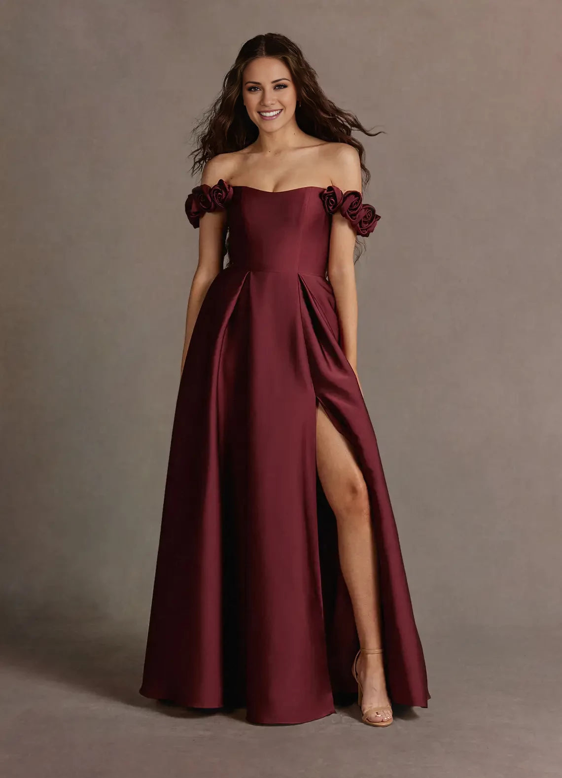 Satin Split Fork Rose Straps Gown Evening Dresses