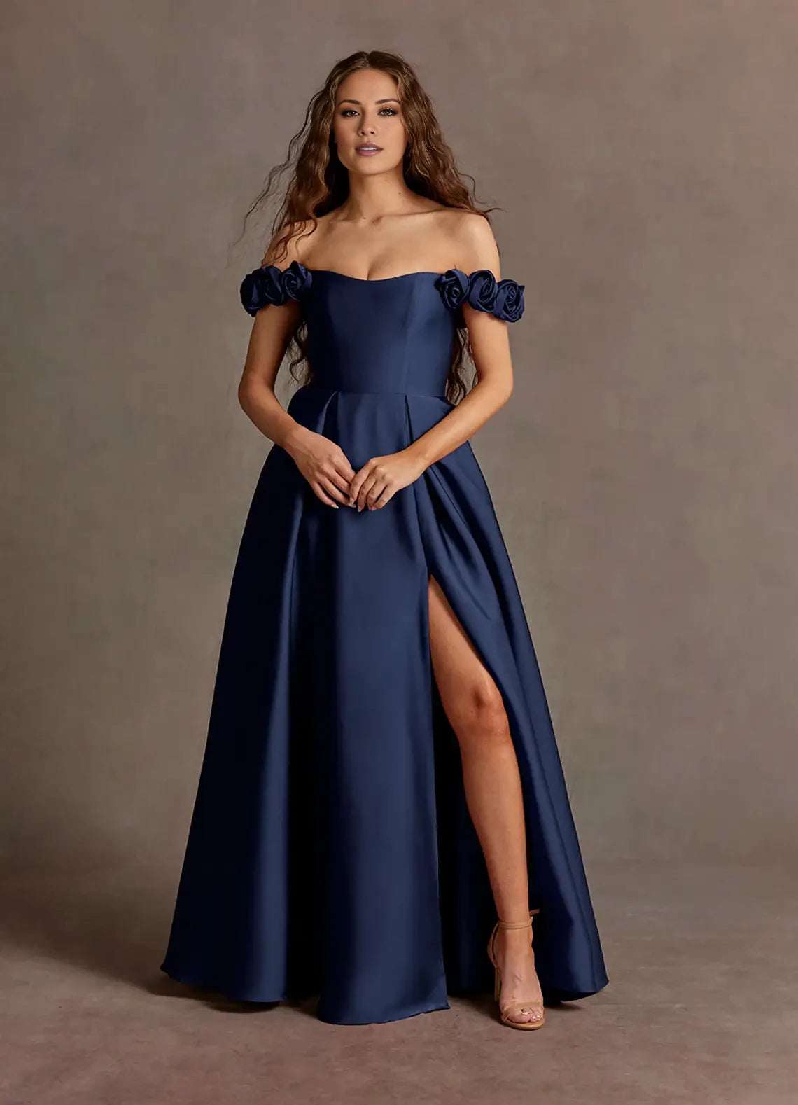 Satin Split Fork Rose Straps Gown Evening Dresses
