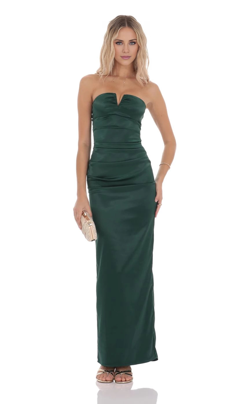 Satin V-Strapless Maxi Dress Prom Dresses