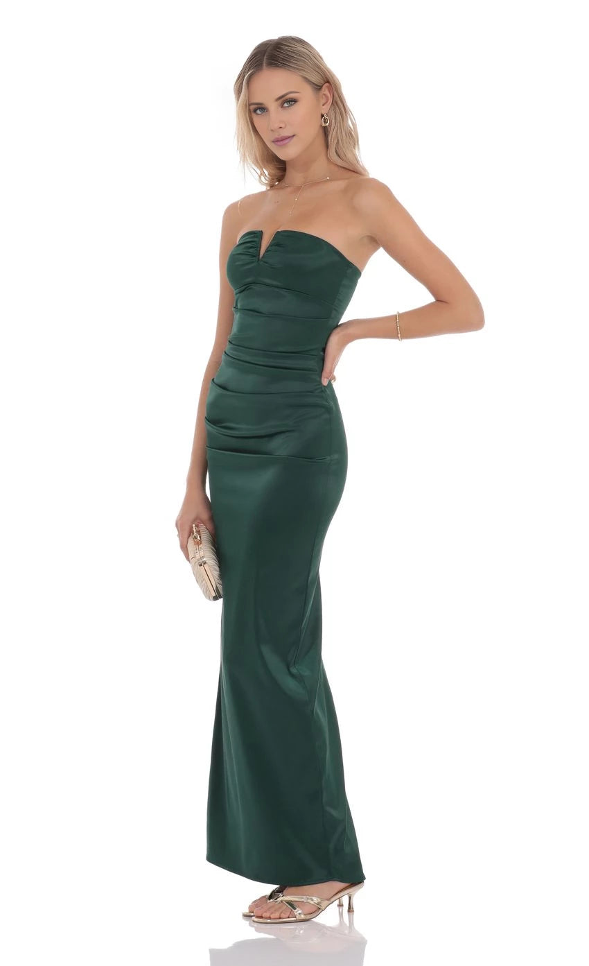 Satin V-Strapless Maxi Dress Prom Dresses