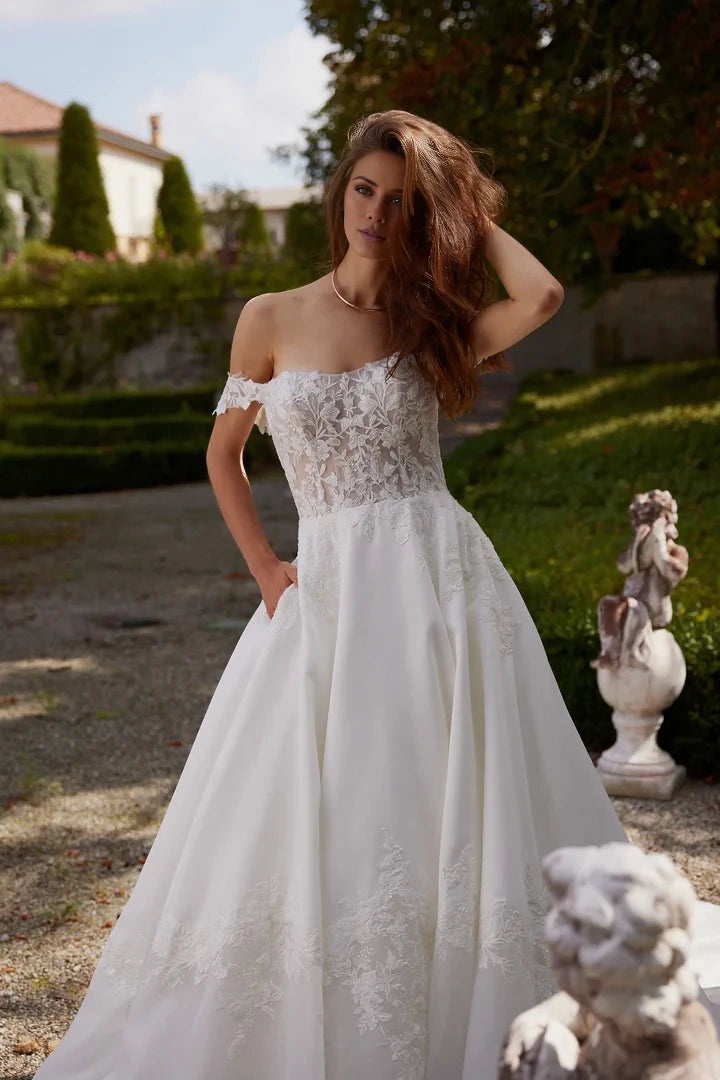 Satin and Organza A-Line Gown with Sheer Bodice and Detachable Straps Wedding Dresses