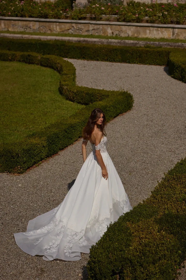 Satin and Organza A-Line Gown with Sheer Bodice and Detachable Straps Wedding Dresses