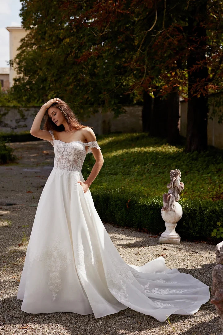 Satin and Organza A-Line Gown with Sheer Bodice and Detachable Straps Wedding Dresses