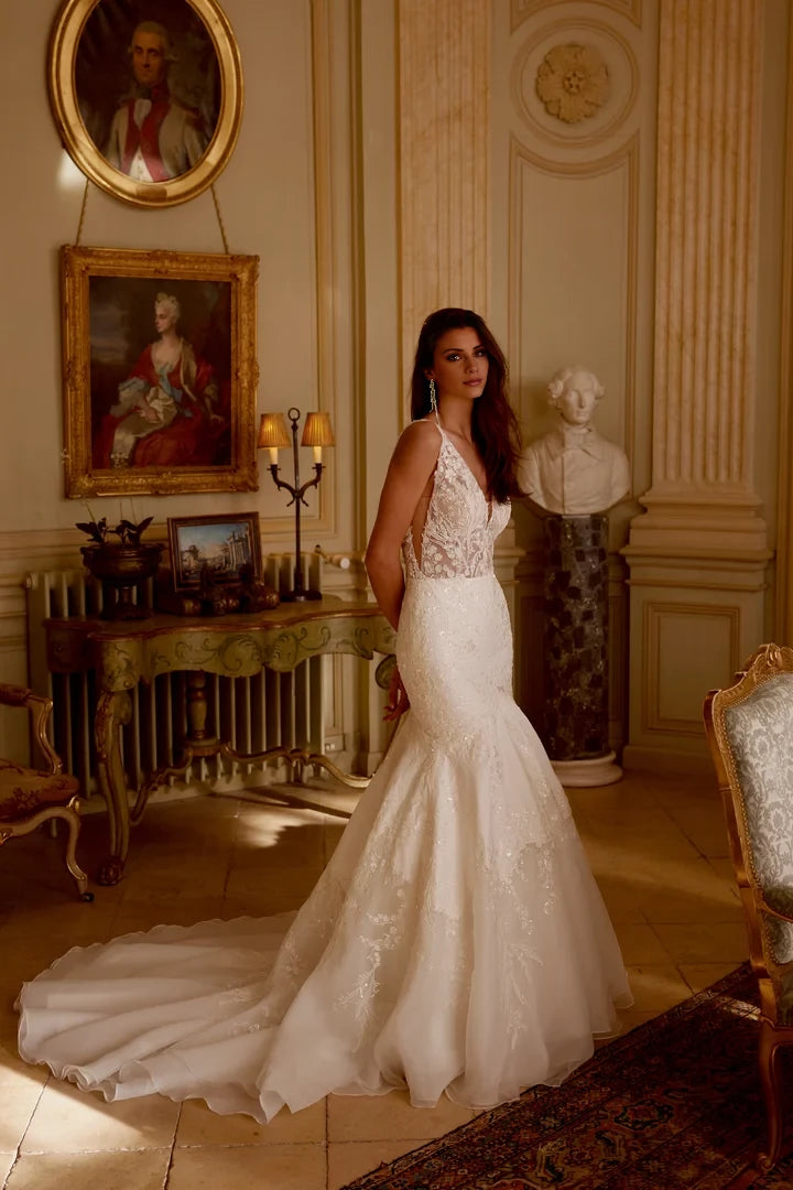 Satin and Organza Trumpet Gown with Sheer Bodice and Sequined Lace Wedding Dresses