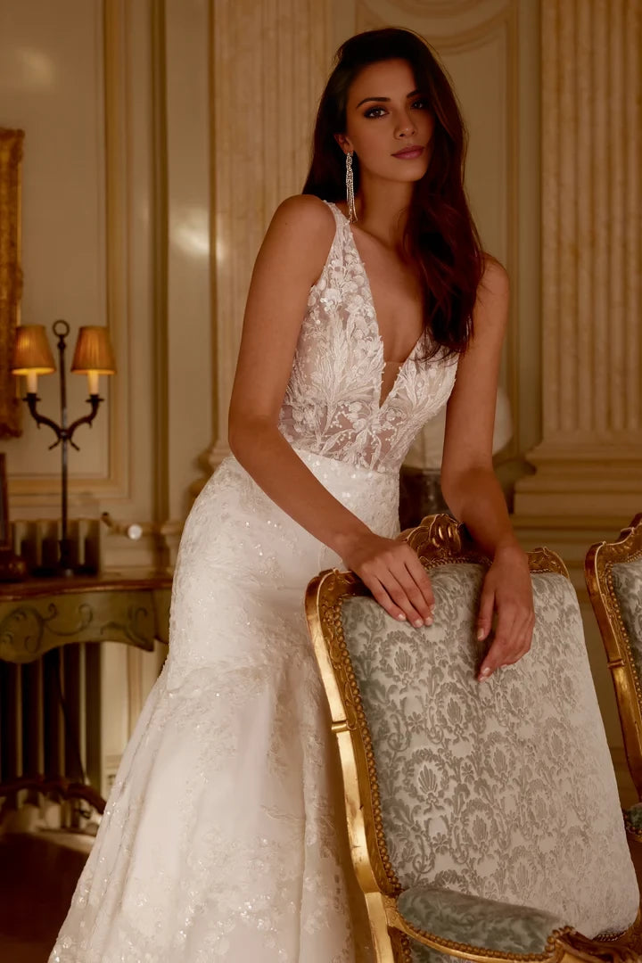 Satin and Organza Trumpet Gown with Sheer Bodice and Sequined Lace Wedding Dresses