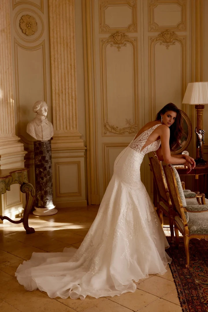 Satin and Organza Trumpet Gown with Sheer Bodice and Sequined Lace Wedding Dresses