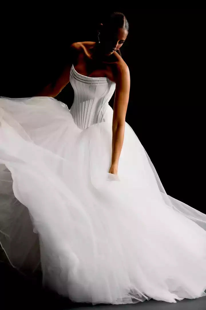 Satin and Tulle Ball Gown with Strapless Neckline and Basque Waist Wedding Dress