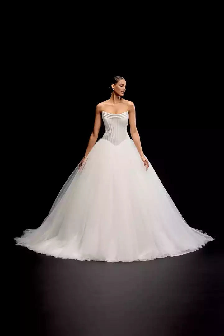 Satin and Tulle Ball Gown with Strapless Neckline and Basque Waist Wedding Dress