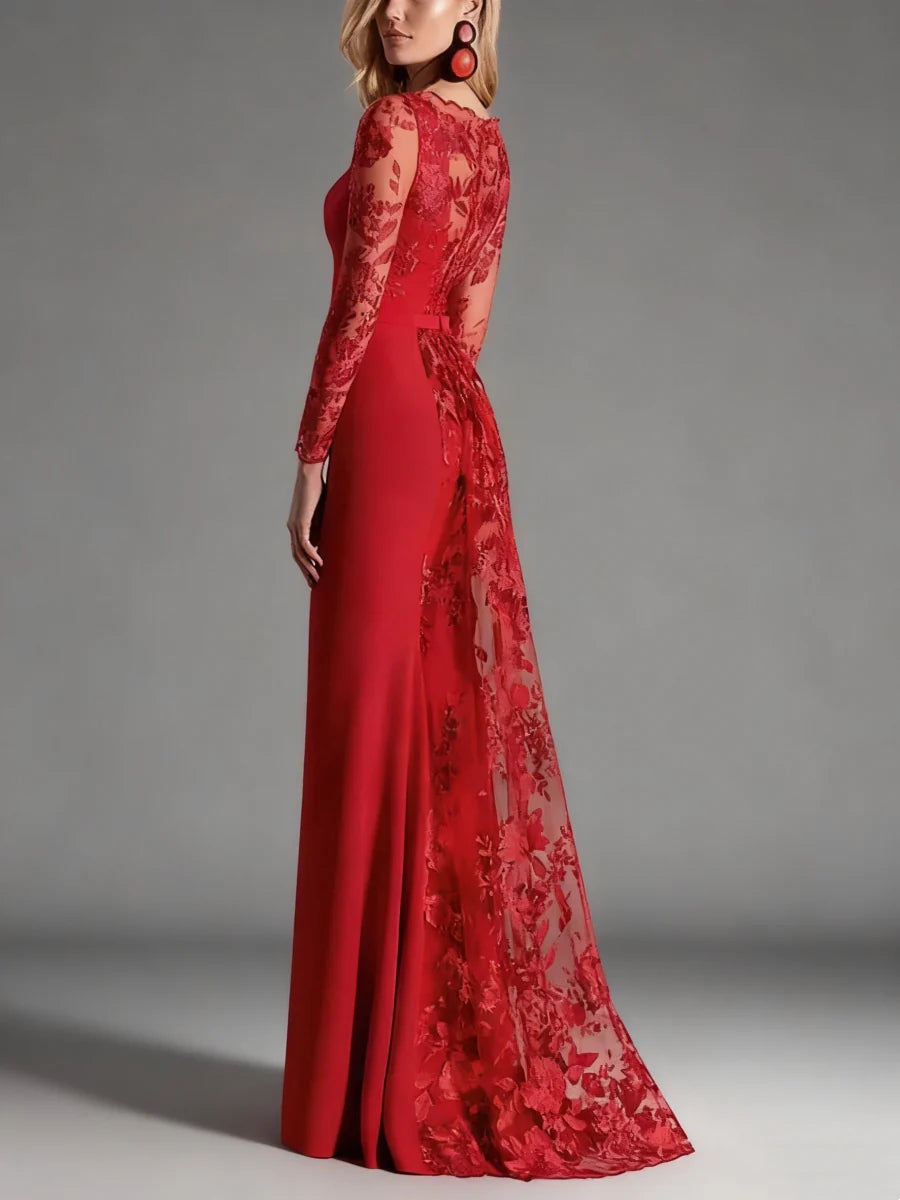 Scarlet Red Mermaid Evening Dress with Square Neckline, Lace Long Sleeves, Waist Bow & Lace Cathedral Train