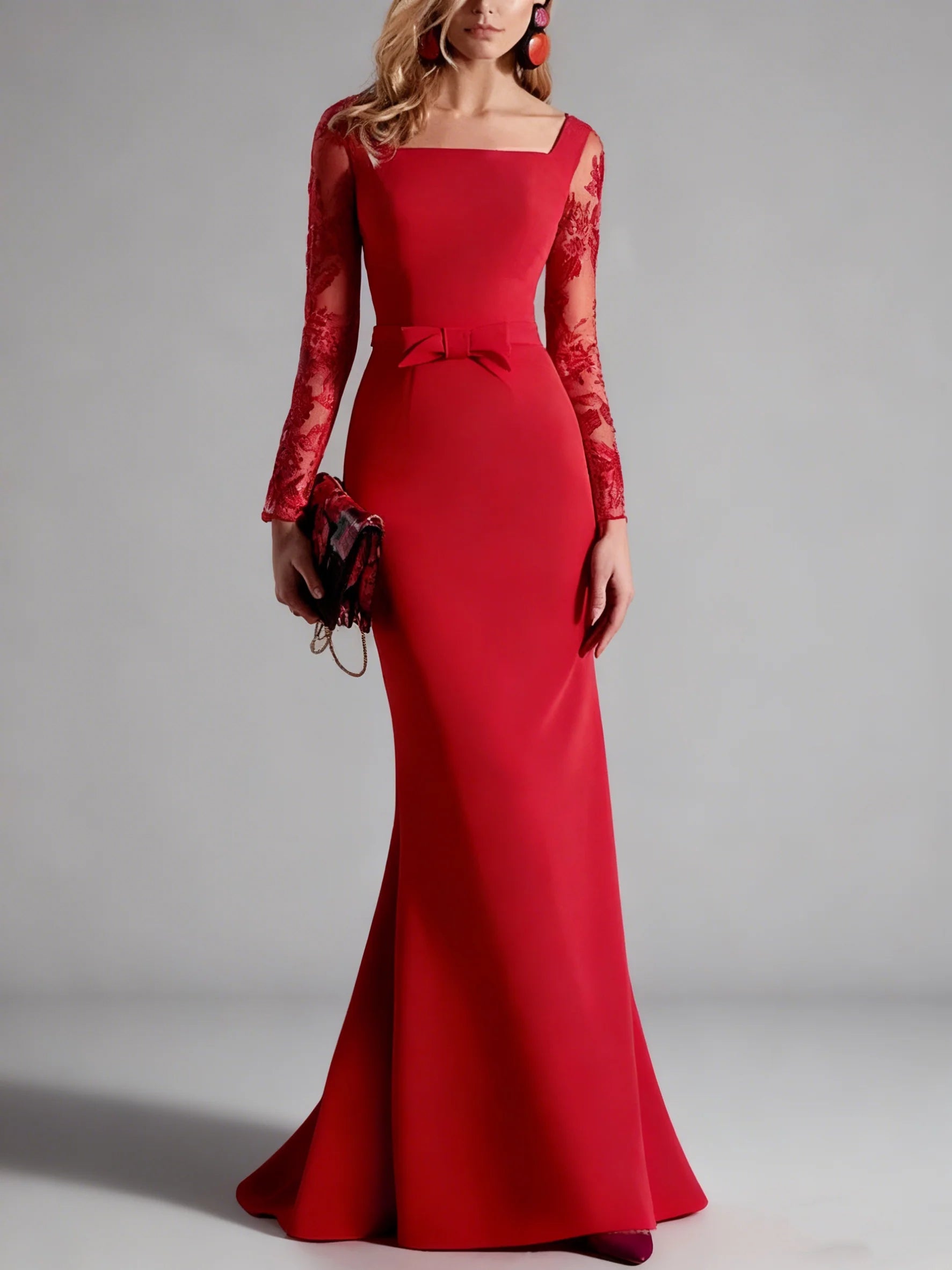 Scarlet Red Mermaid Evening Dress with Square Neckline, Lace Long Sleeves, Waist Bow & Lace Cathedral Train