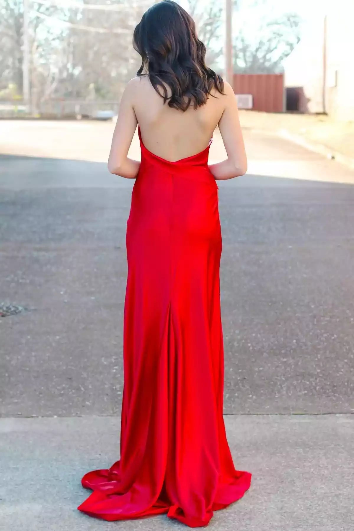 Scarlet Red Satin Halter Open-Back Mermaid Gown – Bold & Elegant Evening Party Dress