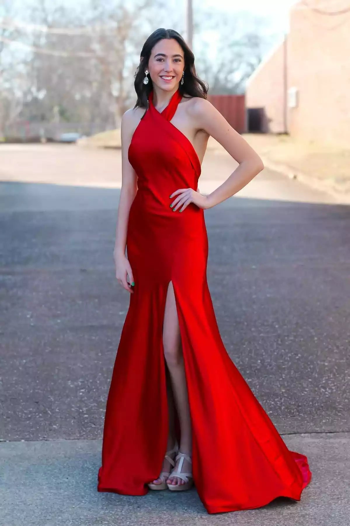 Scarlet Red Satin Halter Open-Back Mermaid Gown – Bold & Elegant Evening Party Dress