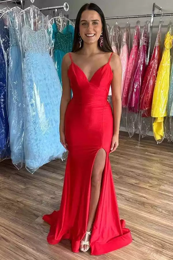 Scarlet Red Satin Spaghetti Strap Open Back Mermaid Gown – Bold & Luxe Evening Party Dress