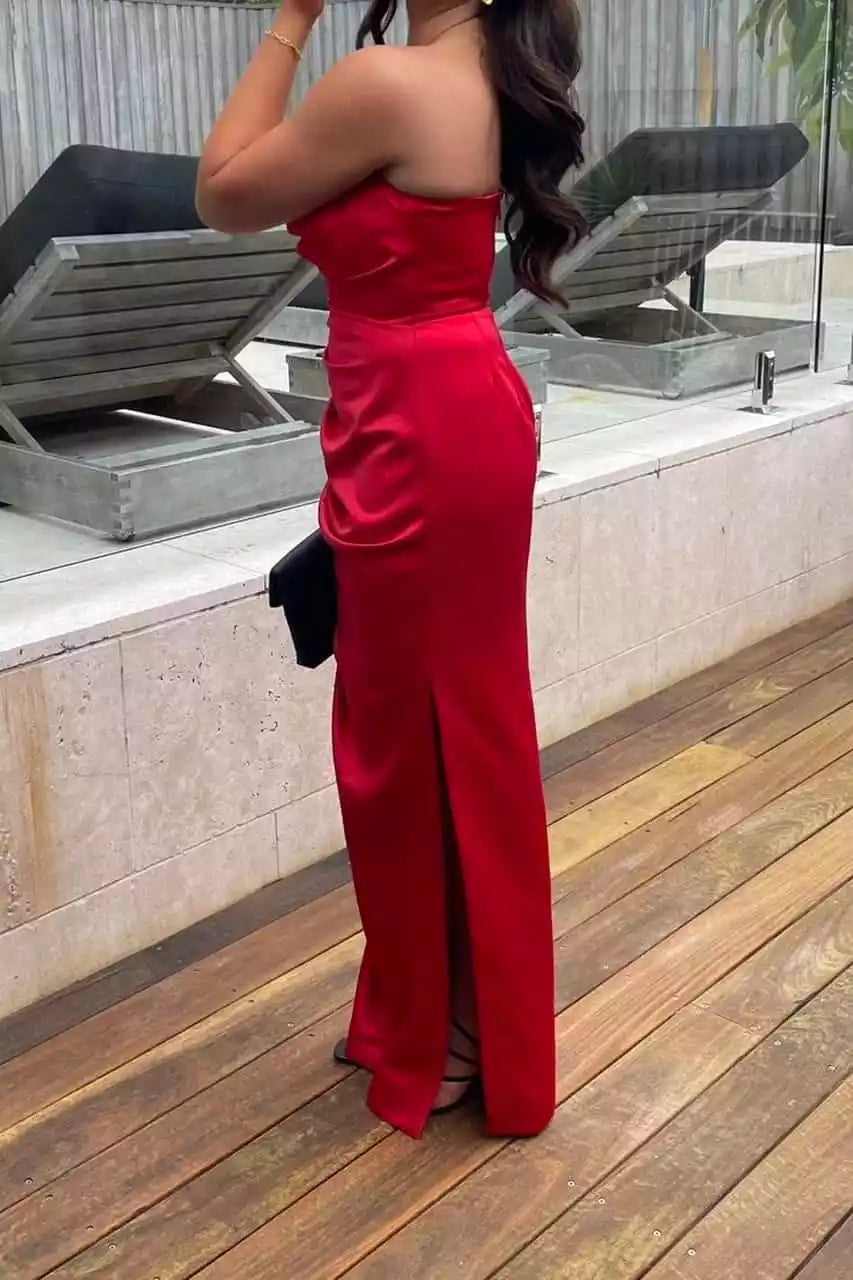 Scarlet Red Satin Strapless Ruched Gown – Bold & Sleek Evening Party Dress