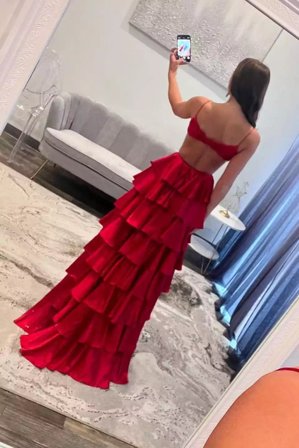 Scarlet Red Satin Tiered-Ruffle Cutout Gown – Bold & Romantic Evening Party Dress
