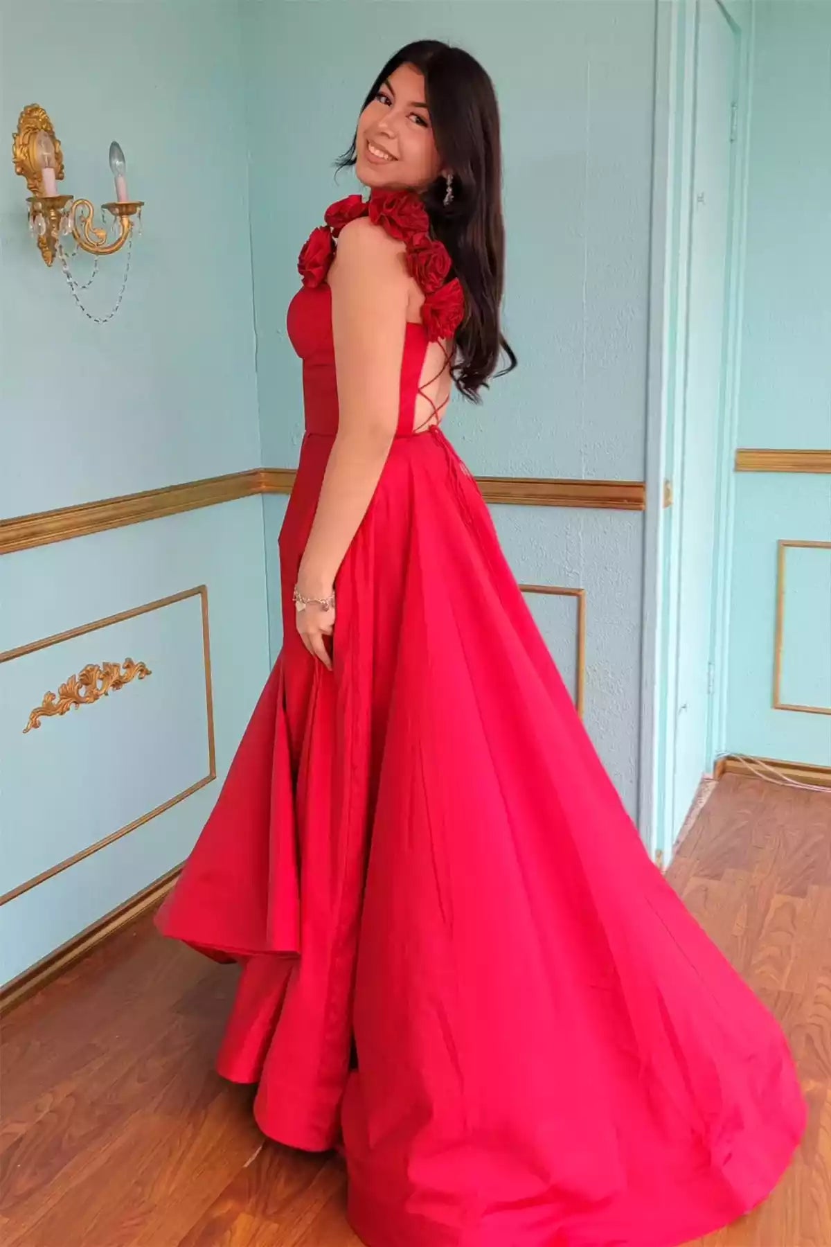 Scarlet Satin Rose-Embellished Crisscross-Back Ball Gown – Regal & Romantic Evening Party Dress