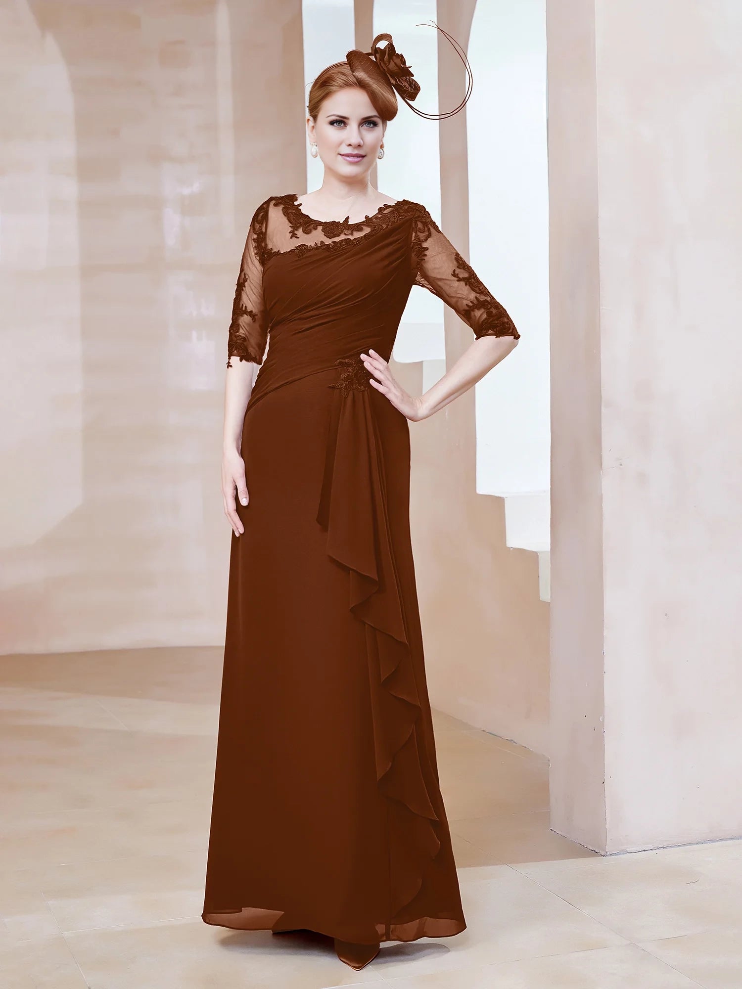 Scoop Lace Neckline Ruffles Sheath Dress Mother of the Bride Dresses