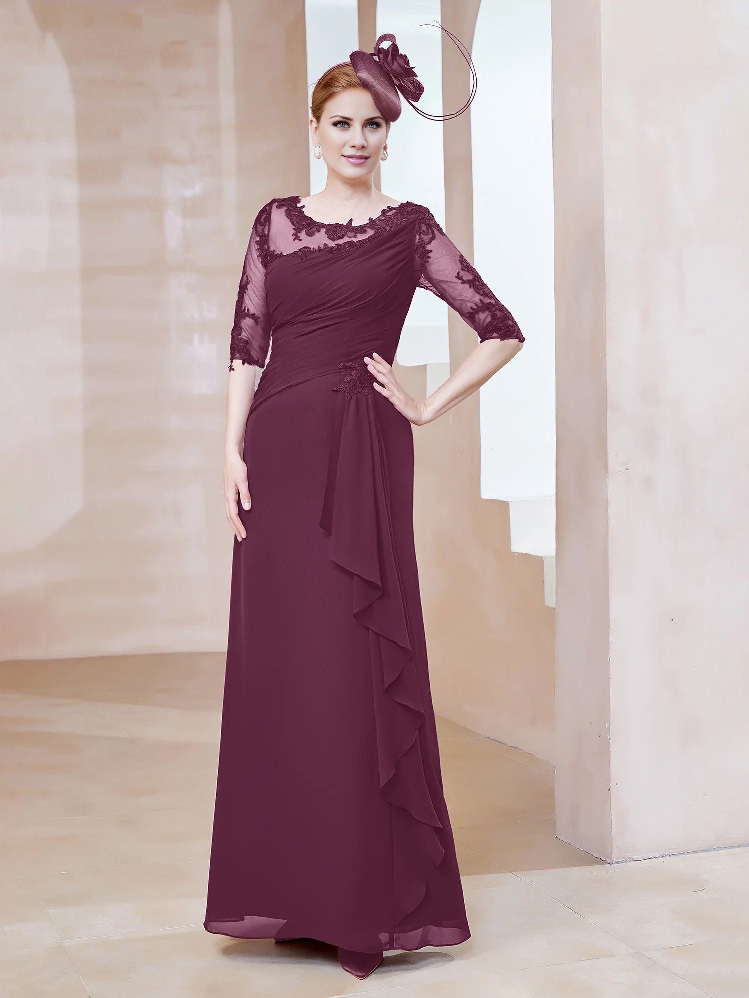 Scoop Lace Neckline Ruffles Sheath Dress Mother of the Bride Dresses