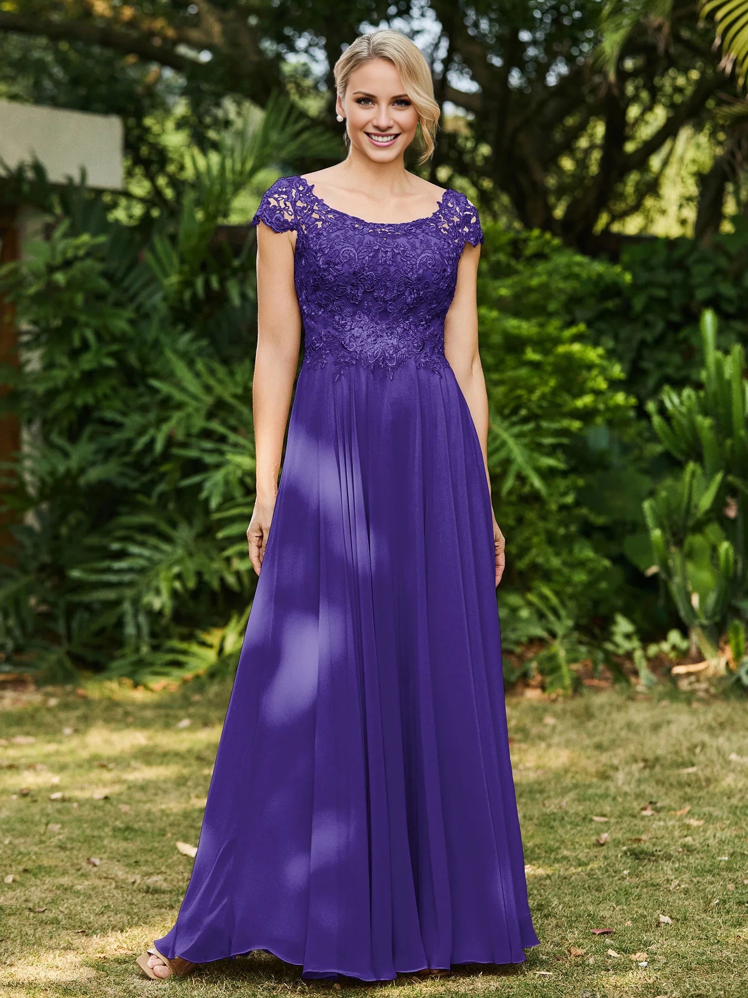 Scoop Neckline Appliqued A-line Chiffon Dress Mother of the Bride Dresses