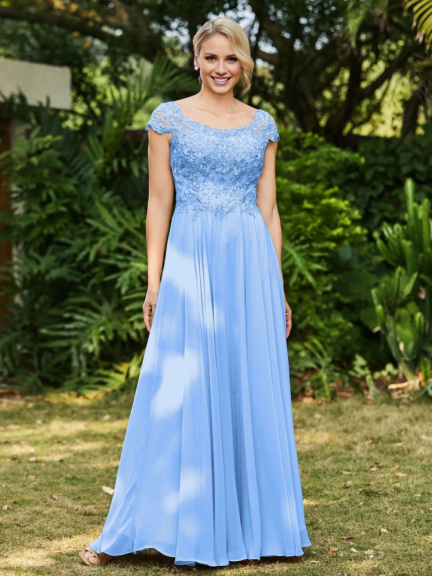 Scoop Neckline Appliqued A-line Chiffon Dress Mother of the Bride Dresses
