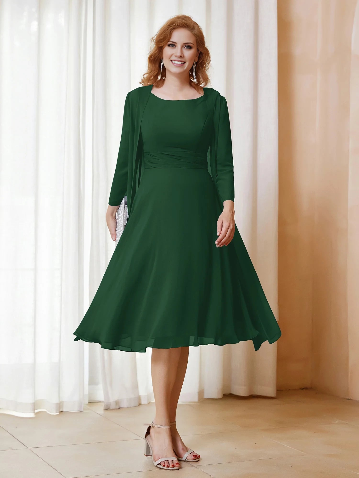 Scoop Ruched Chiffon Dress with Jacket Mother of the Bride Dresses