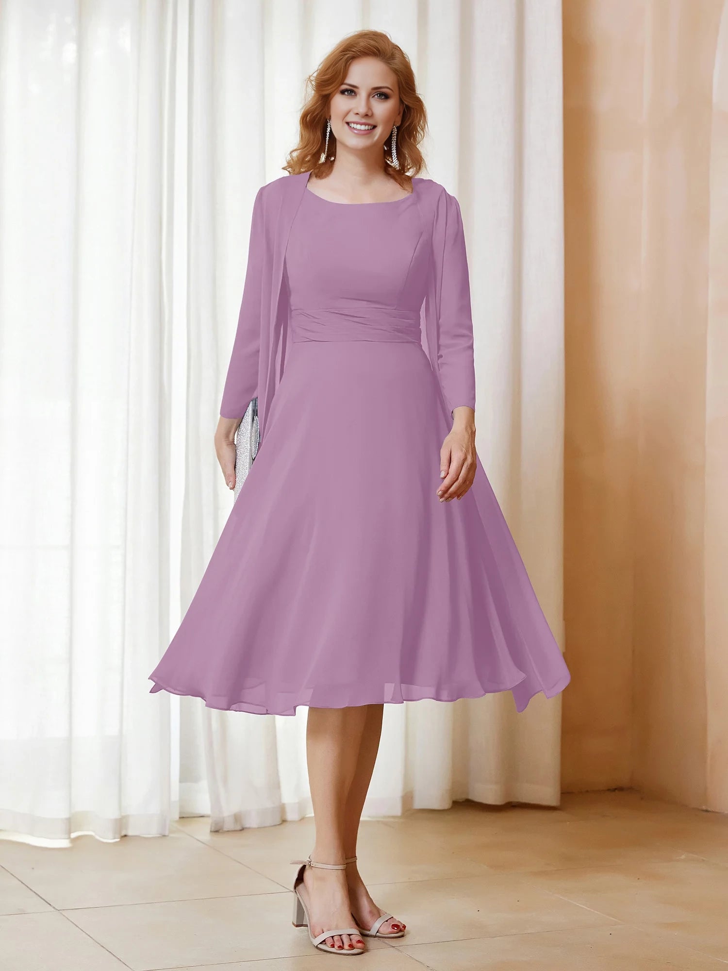 Scoop Ruched Chiffon Dress with Jacket Mother of the Bride Dresses