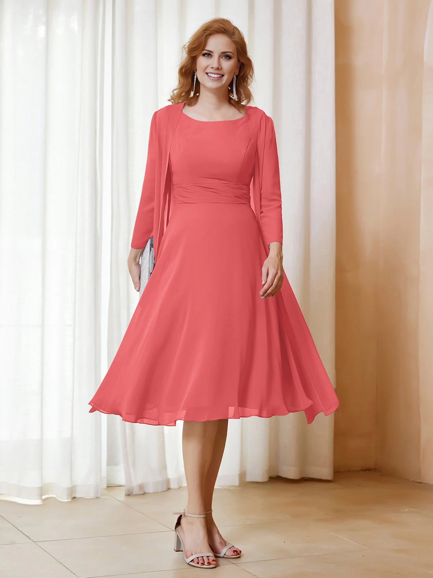 Scoop Ruched Chiffon Dress with Jacket Mother of the Bride Dresses