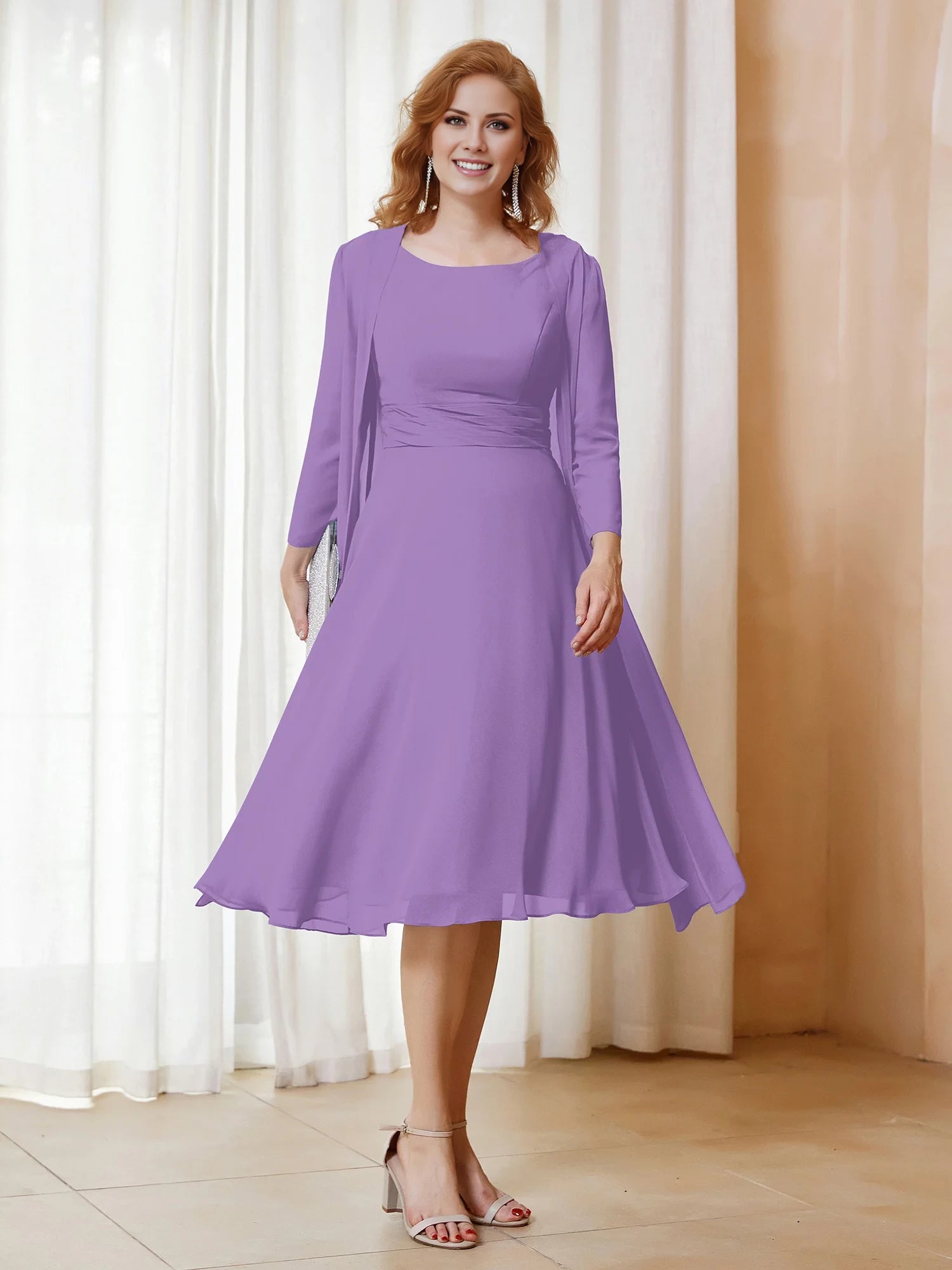 Scoop Ruched Chiffon Dress with Jacket Mother of the Bride Dresses