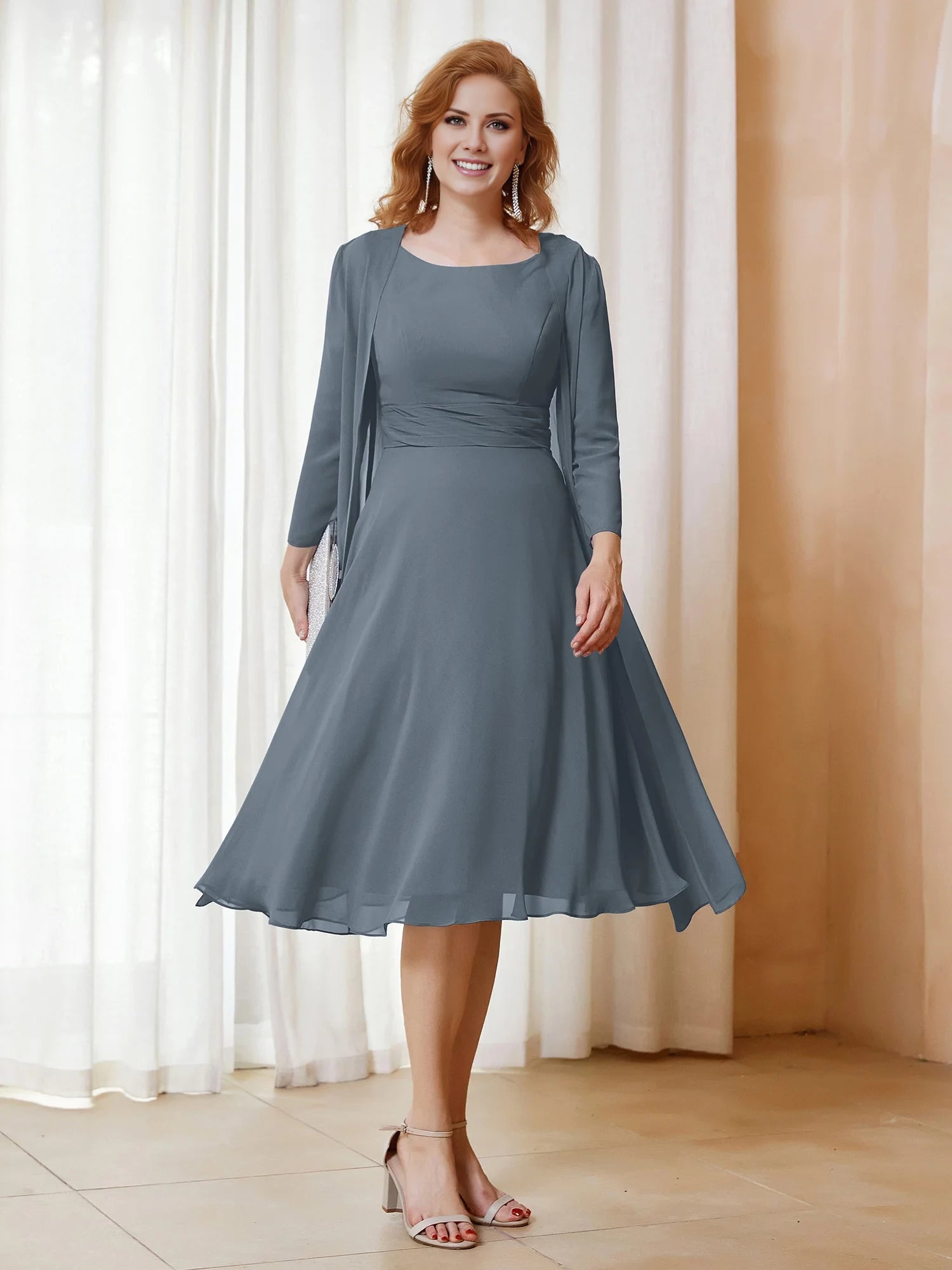 Scoop Ruched Chiffon Dress with Jacket Mother of the Bride Dresses