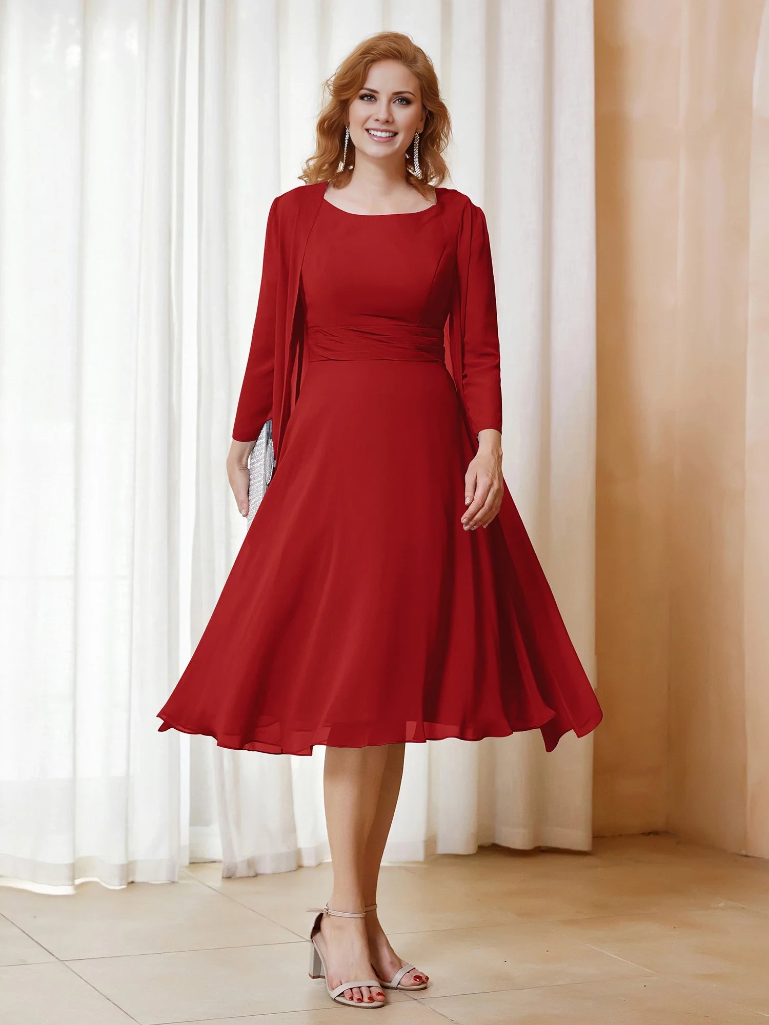 Scoop Ruched Chiffon Dress with Jacket Mother of the Bride Dresses