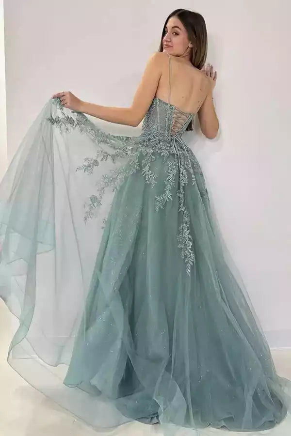 Seafoam Green Sparkle Tulle & Lace Spaghetti Strap Ballgown – Ethereal & Enchanting Evening Party Dress