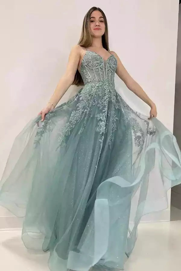Seafoam Green Sparkle Tulle & Lace Spaghetti Strap Ballgown – Ethereal & Enchanting Evening Party Dress
