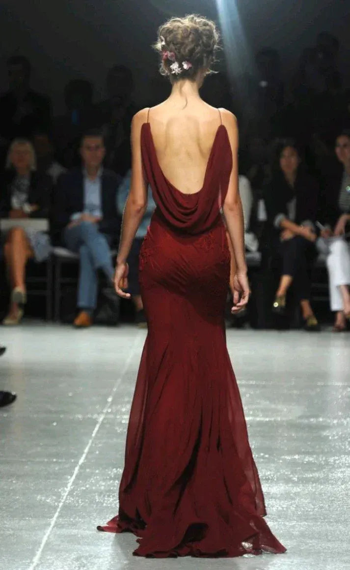 Sensual Mermaid Spaghetti-Strap Cowl-Back Burgundy Chiffon Gown