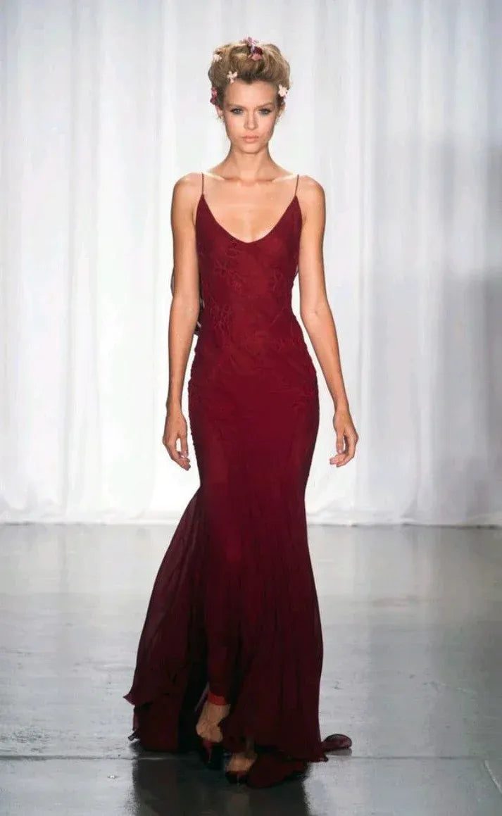 Sensual Mermaid Spaghetti-Strap Cowl-Back Burgundy Chiffon Gown