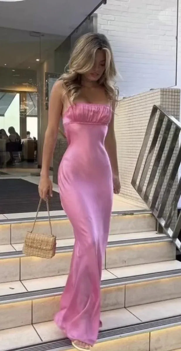 Sensual Sheath Spaghetti-Strap Crisscross Open Back Hot Pink Satin Gown