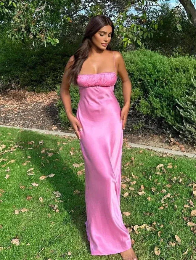 Sensual Sheath Spaghetti-Strap Crisscross Open Back Hot Pink Satin Gown