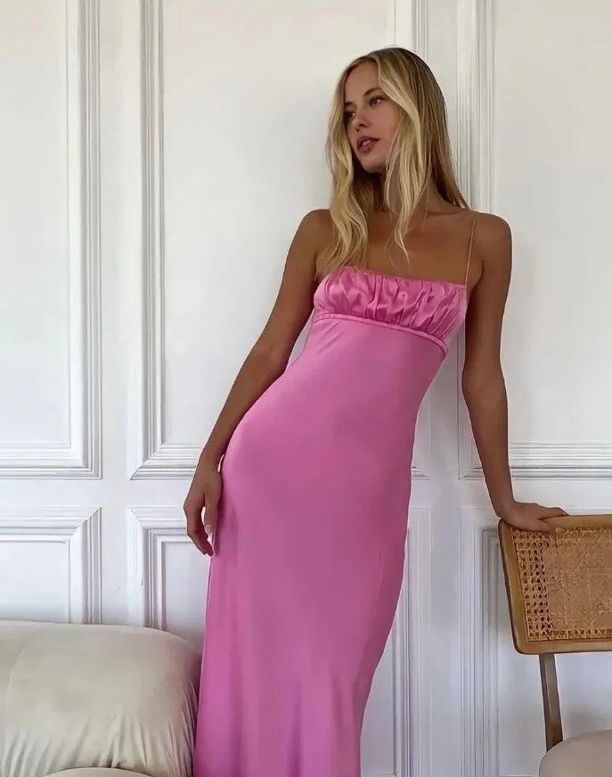 Sensual Sheath Spaghetti-Strap Crisscross Open Back Hot Pink Satin Gown