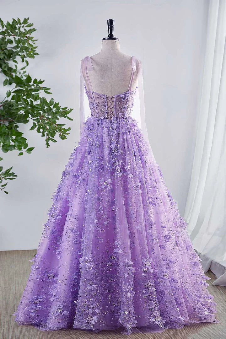 Sequin  Lilac Prom Dress with Flowers