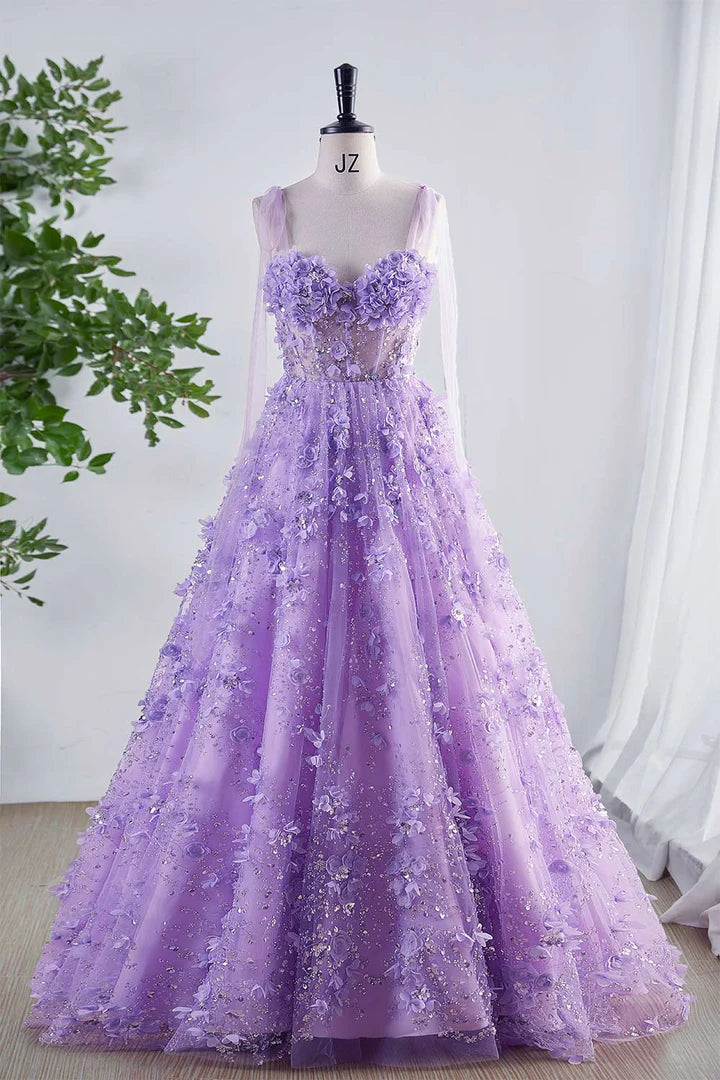 Sequin  Lilac Prom Dress with Flowers