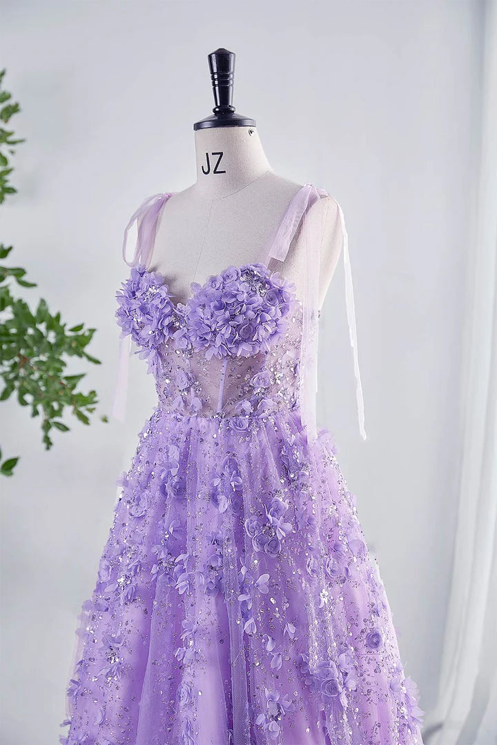 Sequin  Lilac Prom Dress with Flowers