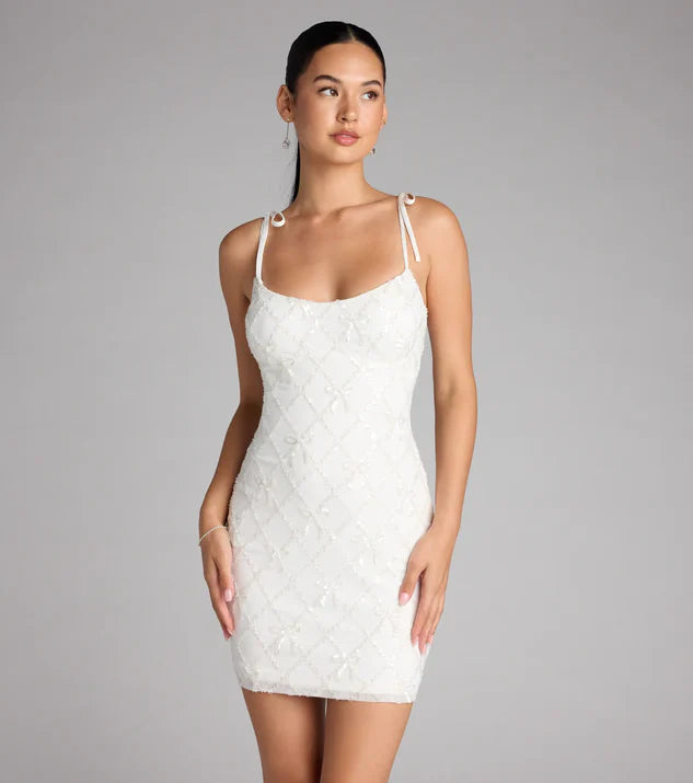 Sequin Pearl Bow Mini Dress Homecoming Dresses