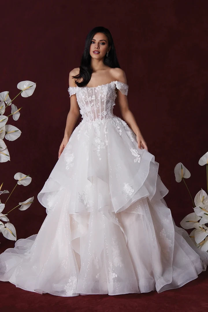Sequin Tulle Ruffle Skirt Ball Gown with Sheer Bodice Wedding Dresses