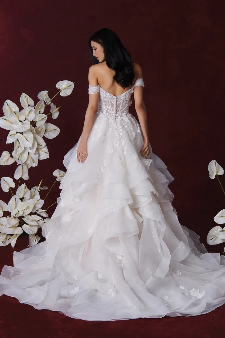 Sequin Tulle Ruffle Skirt Ball Gown with Sheer Bodice Wedding Dresses