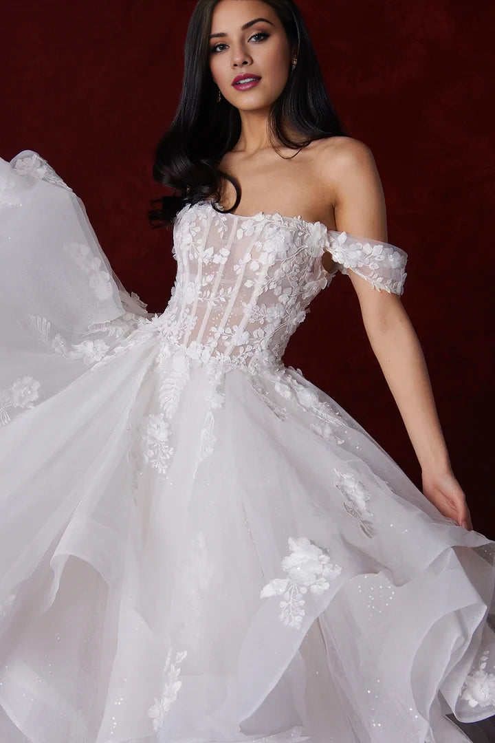 Sequin Tulle Ruffle Skirt Ball Gown with Sheer Bodice Wedding Dresses